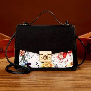 Women's Purse Twist Lock Flap Floral Black Satchel Bag with Top Handle